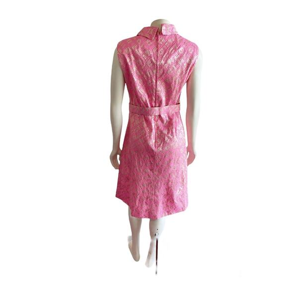 Richard Kaplan 1960s Pink Gold Metallic Thread Belted Vintage Shift Dress Sz 10 - Picture 2 of 16